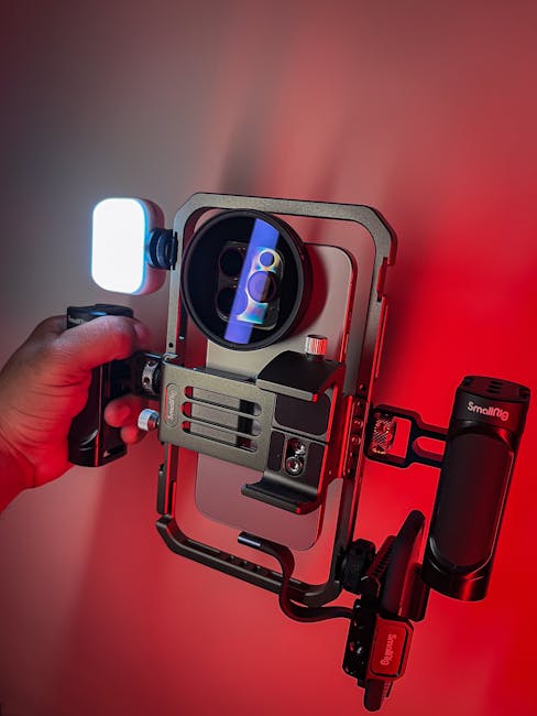 Close-up of a camera rig with LED light in a red-lit environment, capturing vibrant colors.